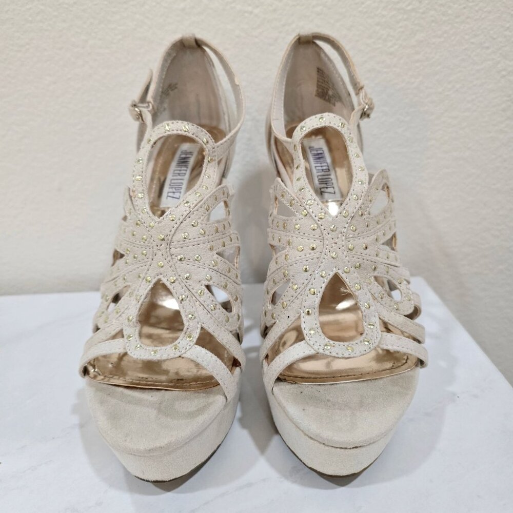 Jennifer Lopez ✦ Nude Suede Studded Cutout Platform Heels ✦ Ankle Strap 6 - Picture 8 of 12